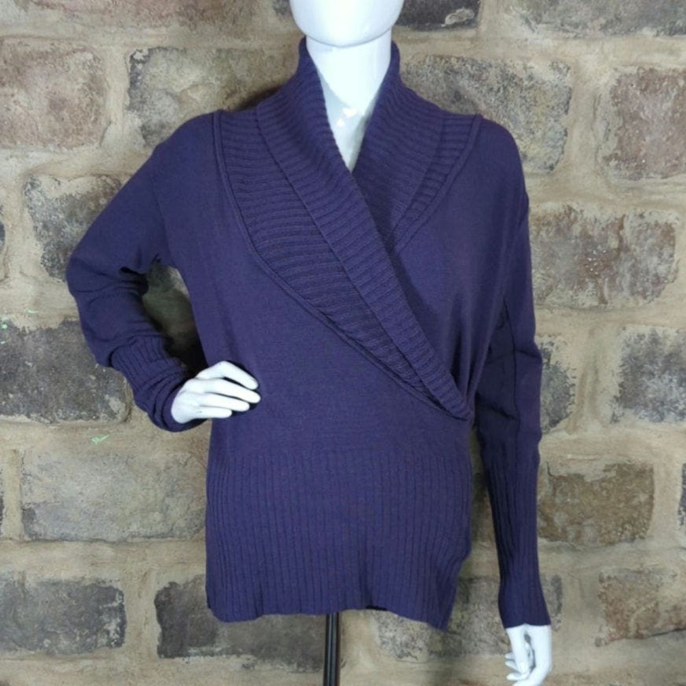 Brylane Sweater Shawl Collar Faux Wrap Purple‎ Long Sleeve Woman's Size 10/12
